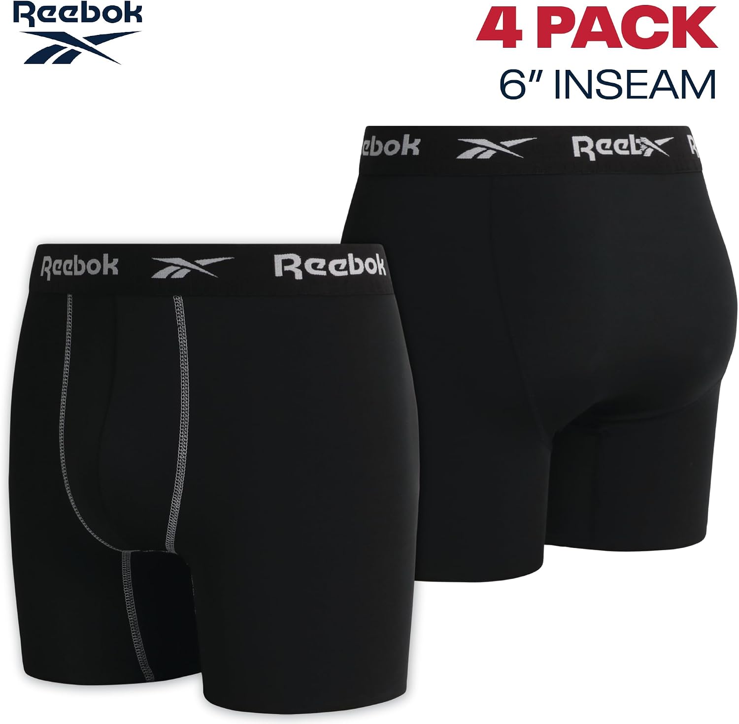 Reebok Mens Boxer Briefs - 4 Pack Underwear with Contour Pouch, 6'' Inseam