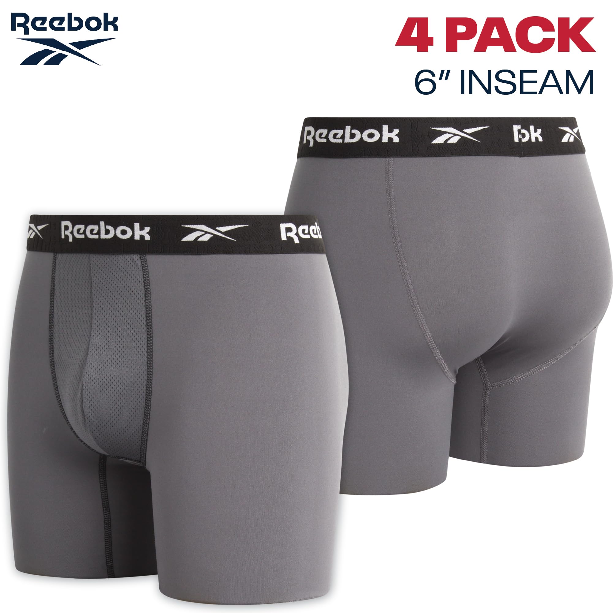 Reebok Mens Boxer Briefs - 4 Pack Underwear with Contour Pouch, 6'' Inseam