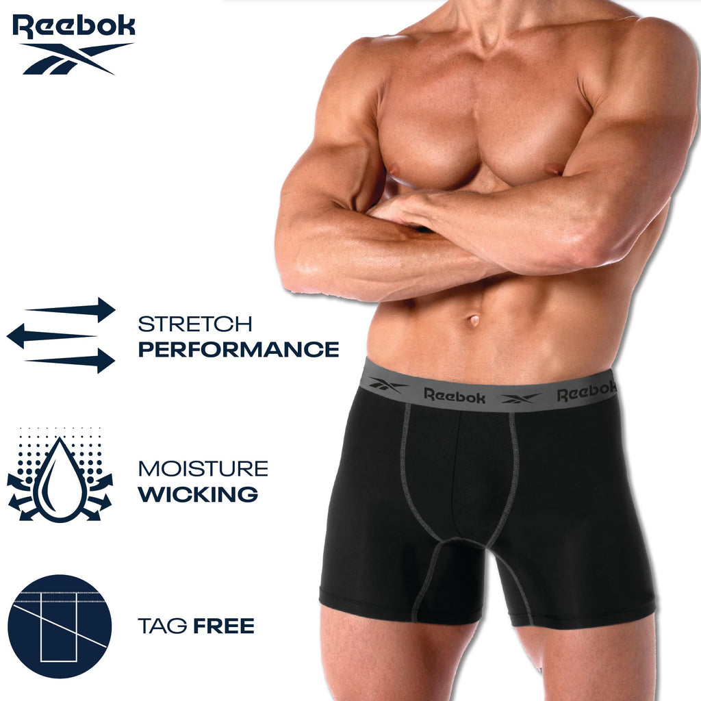 Reebok Mens Boxer Briefs - 4 Pack Underwear with Contour Pouch, 6'' Inseam