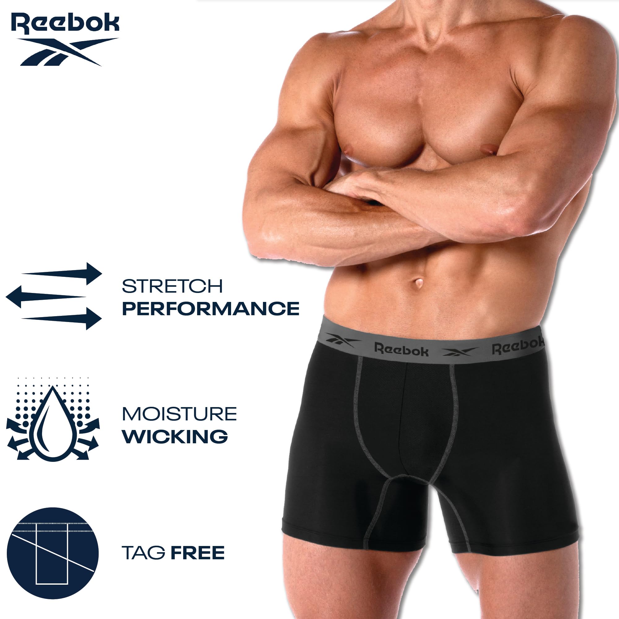 Reebok Mens Boxer Briefs - 4 Pack Underwear with Contour Pouch, 6'' Inseam