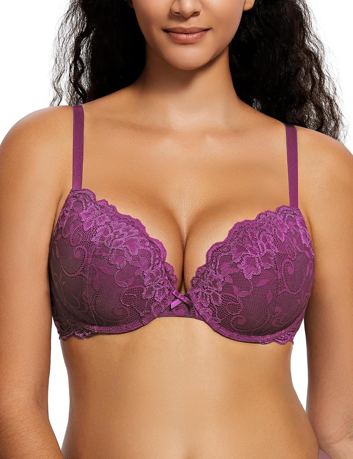 Deyllo Women’s Push Up Lace Bra Comfort Padded Underwire Bra Lift Up Add One Cup