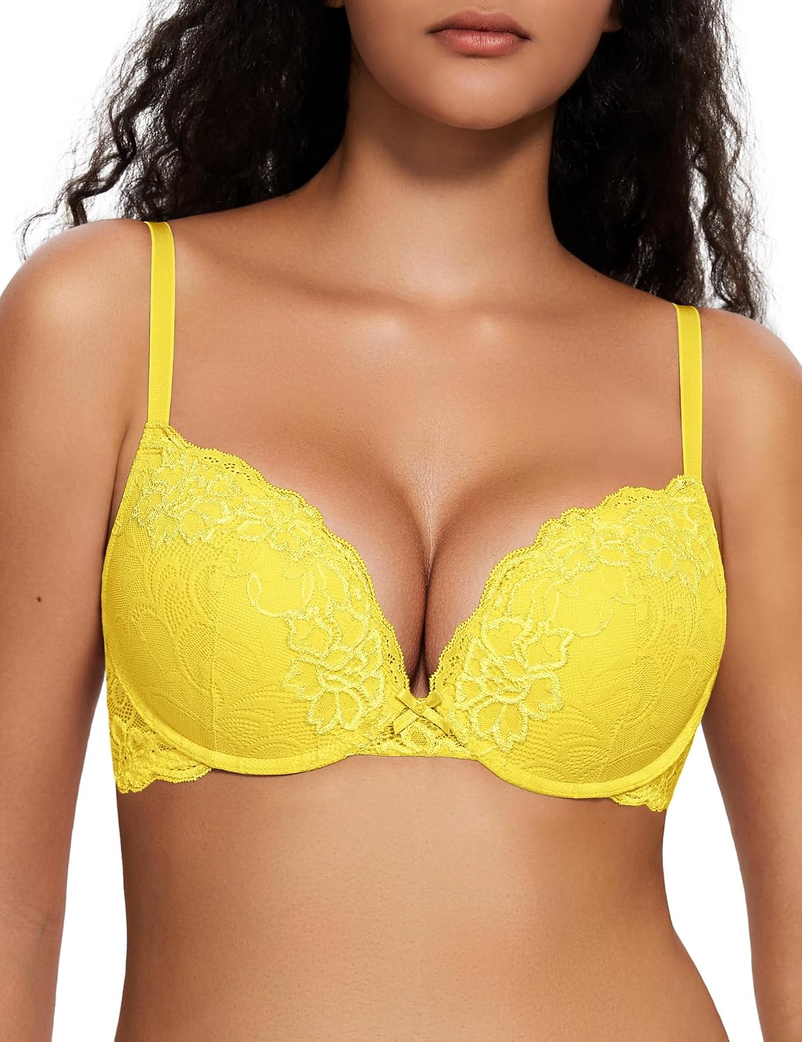 Deyllo Women’s Push Up Lace Bra Comfort Padded Underwire Bra Lift Up Add One Cup