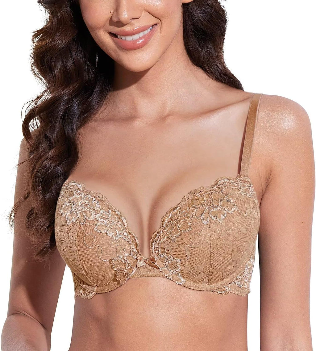 Deyllo Women’s Push Up Lace Bra Comfort Padded Underwire Bra Lift Up Add One Cup
