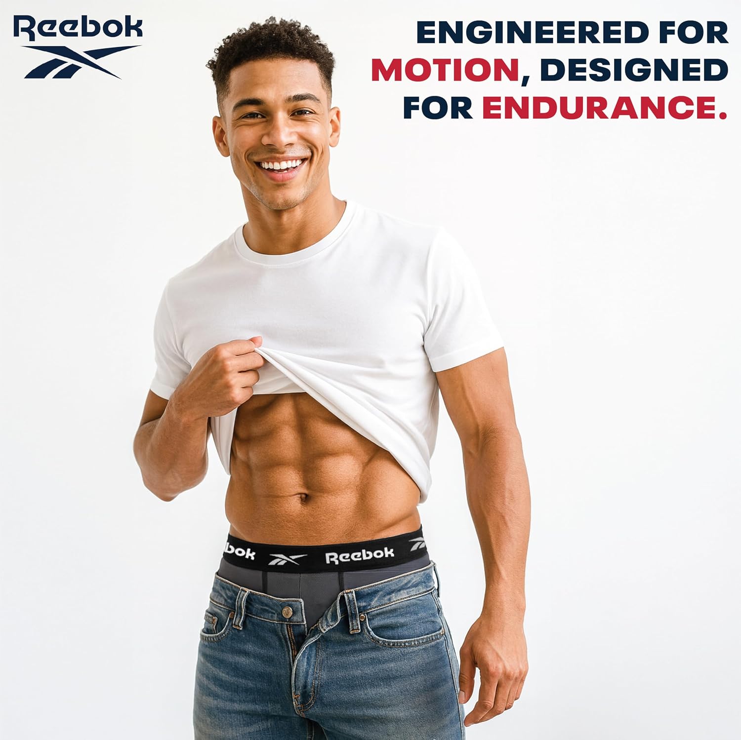 Reebok Mens Boxer Briefs - 4 Pack Underwear with Contour Pouch, 6'' Inseam