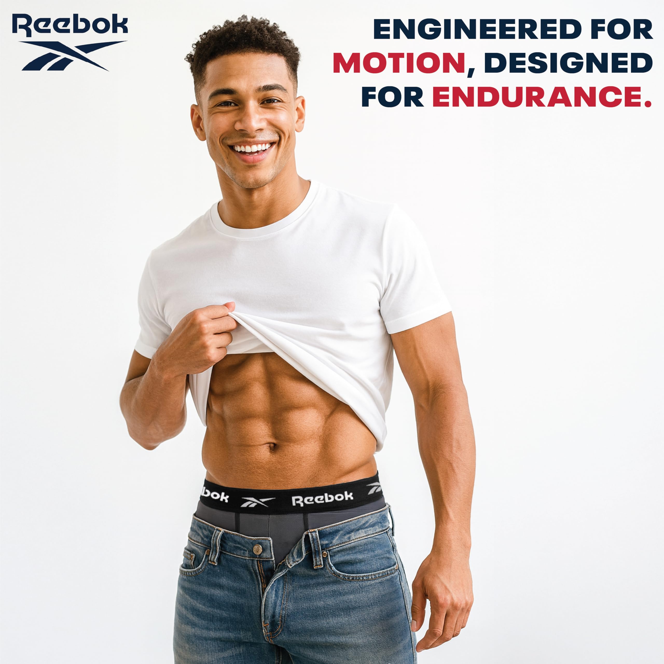 Reebok Mens Boxer Briefs - 4 Pack Underwear with Contour Pouch, 6'' Inseam