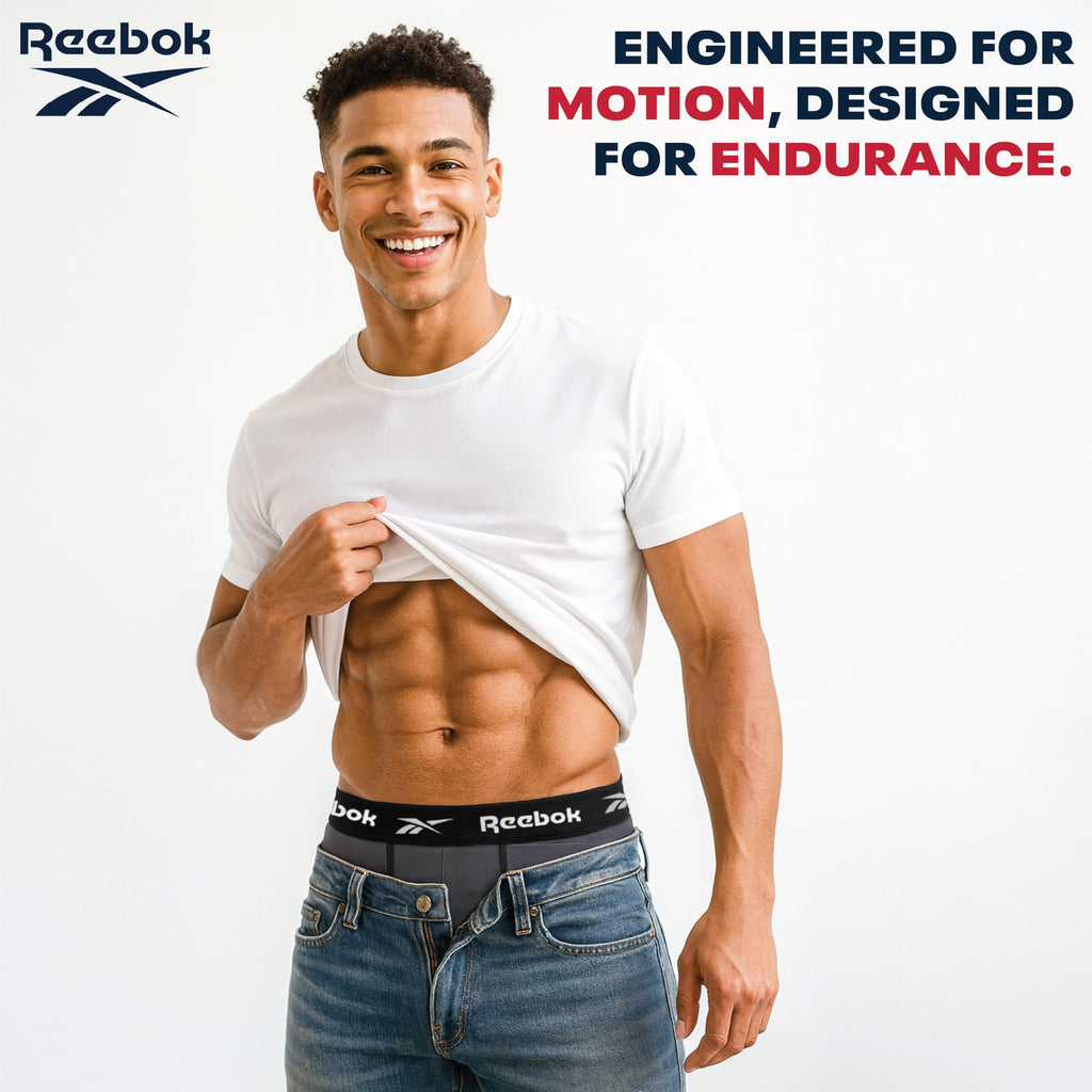 Reebok Mens Boxer Briefs - 4 Pack Underwear with Contour Pouch, 6'' Inseam