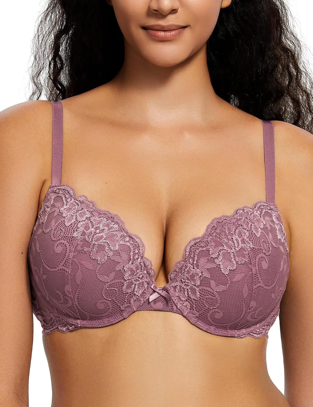 Deyllo Women’s Push Up Lace Bra Comfort Padded Underwire Bra Lift Up Add One Cup