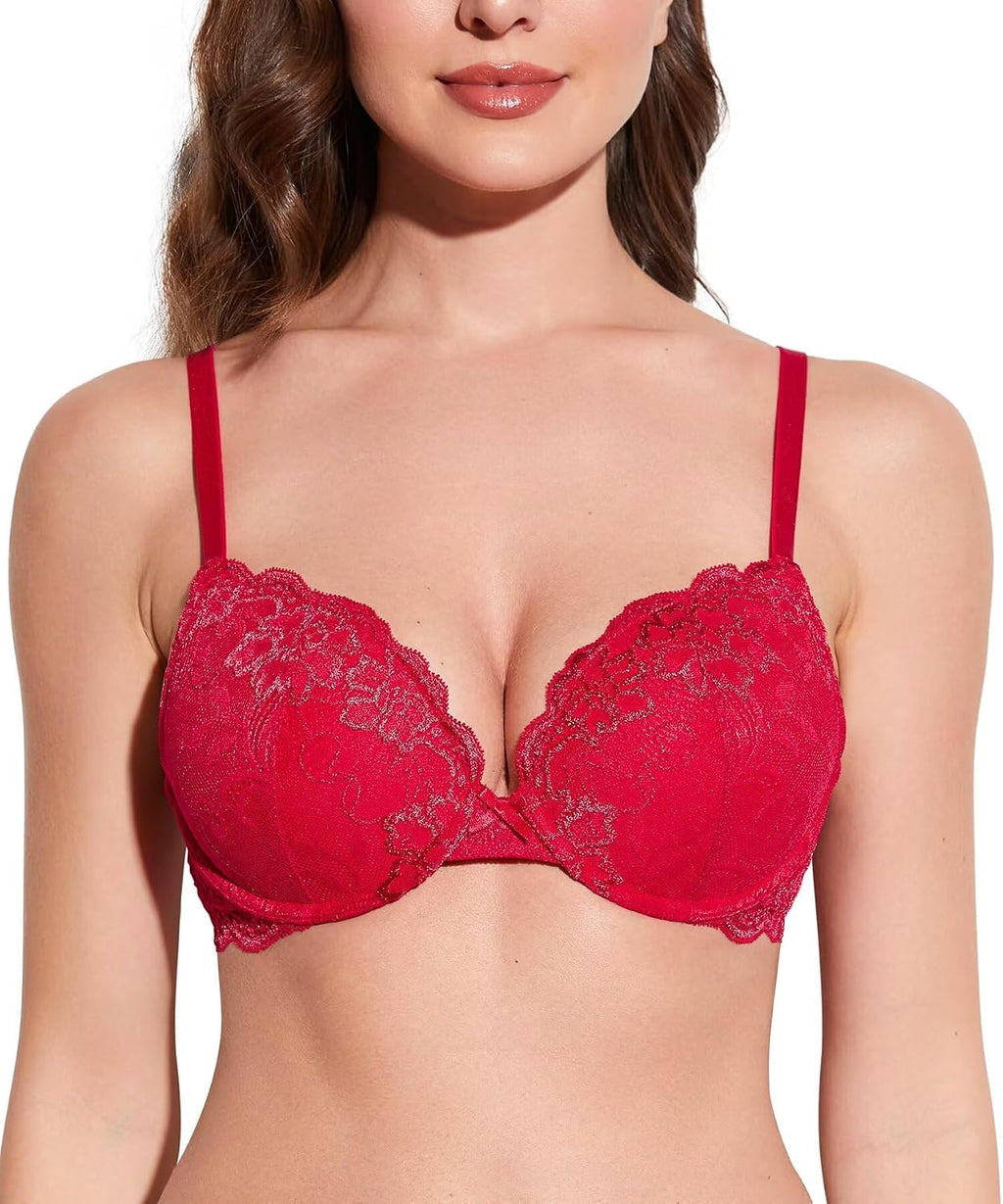 Deyllo Women’s Push Up Lace Bra Comfort Padded Underwire Bra Lift Up Add One Cup