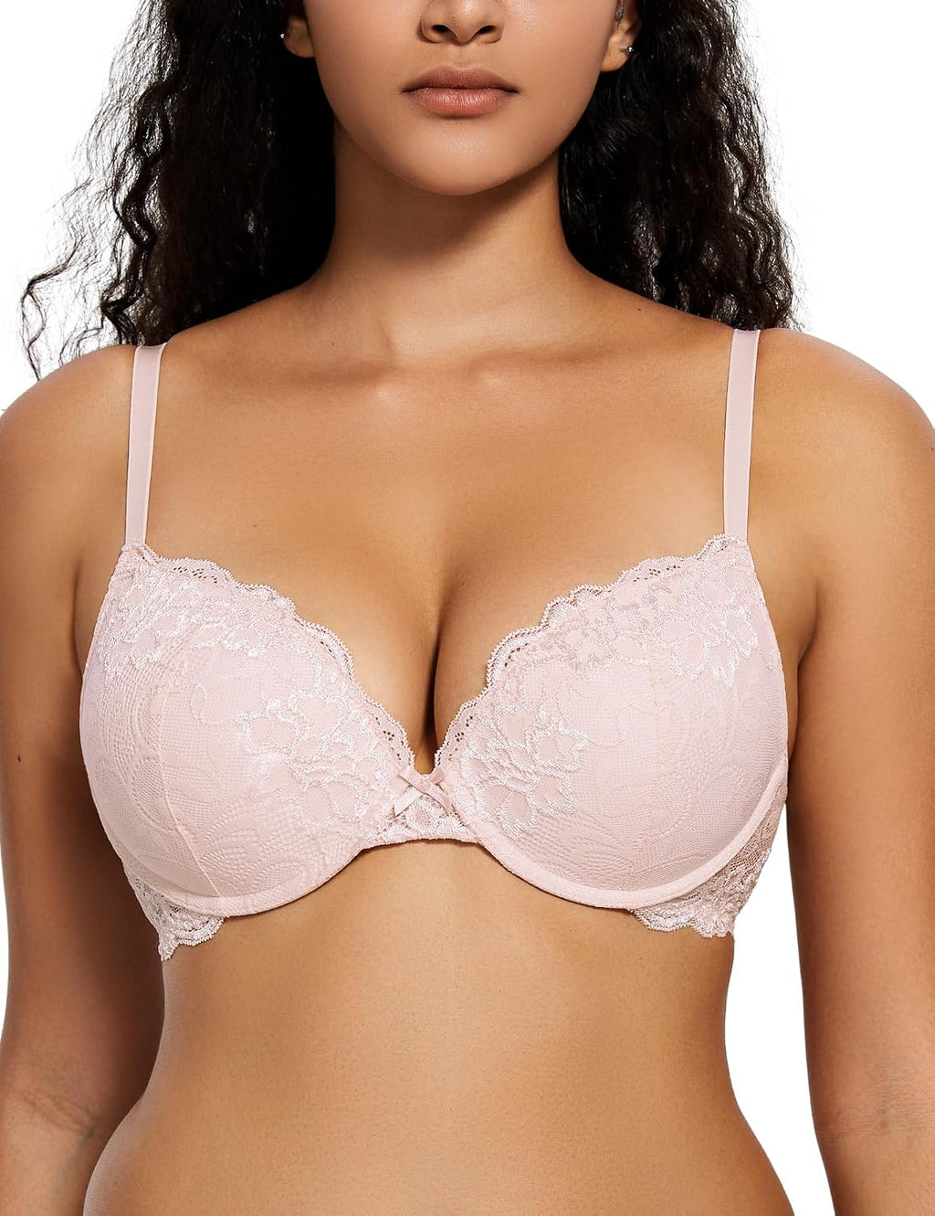 Deyllo Women’s Push Up Lace Bra Comfort Padded Underwire Bra Lift Up Add One Cup