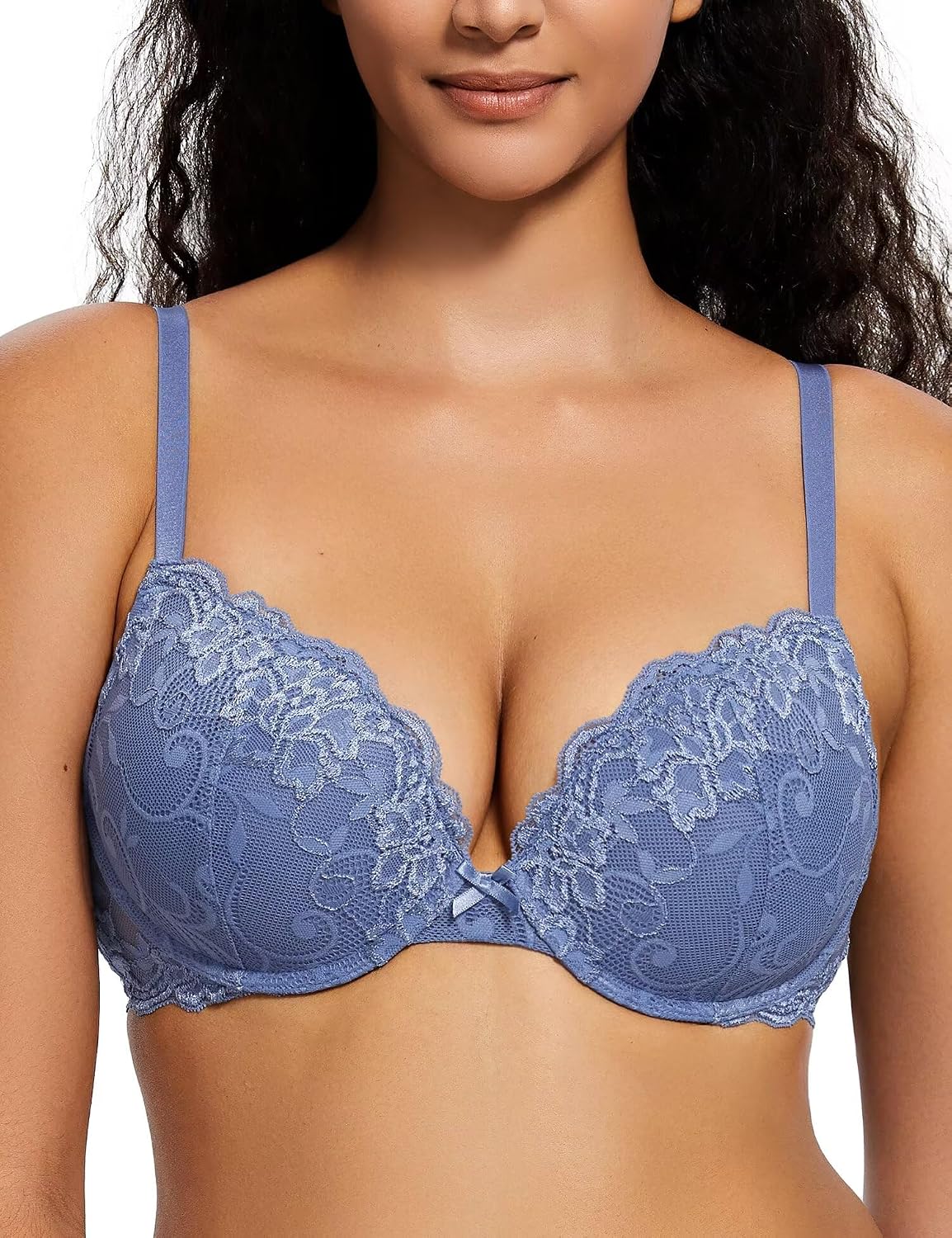 Deyllo Women’s Push Up Lace Bra Comfort Padded Underwire Bra Lift Up Add One Cup