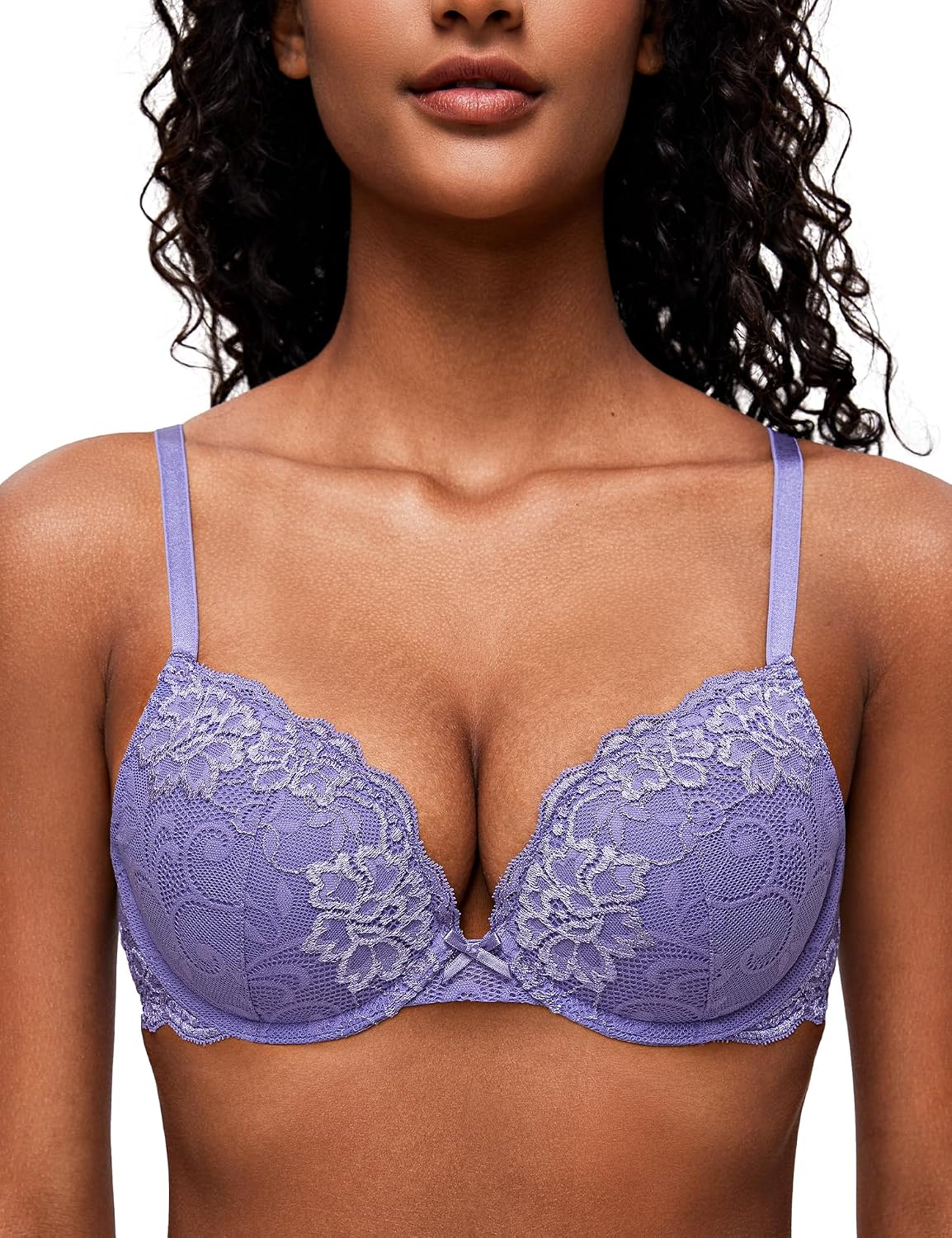 Deyllo Women’s Push Up Lace Bra Comfort Padded Underwire Bra Lift Up Add One Cup