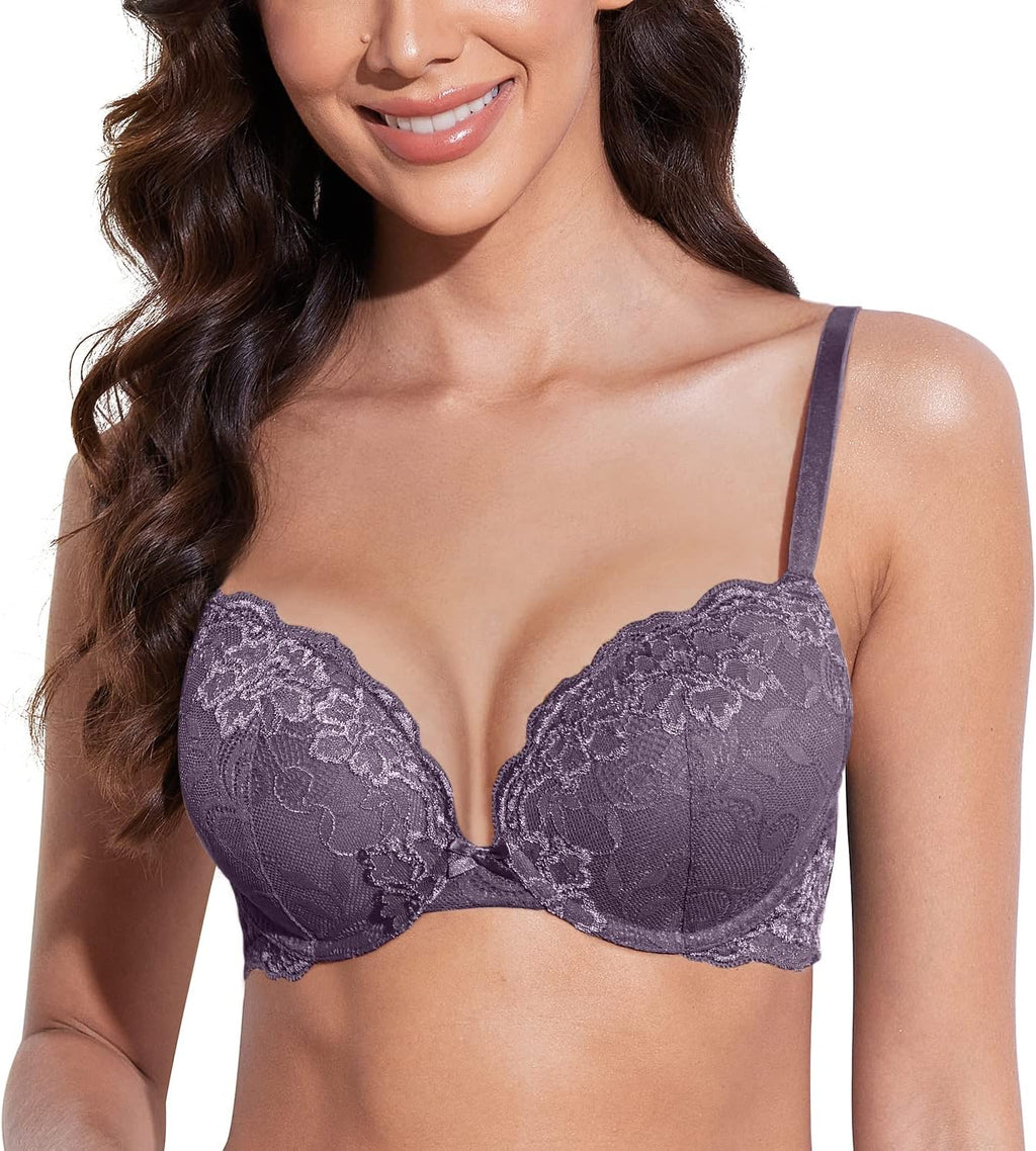Deyllo Women’s Push Up Lace Bra Comfort Padded Underwire Bra Lift Up Add One Cup
